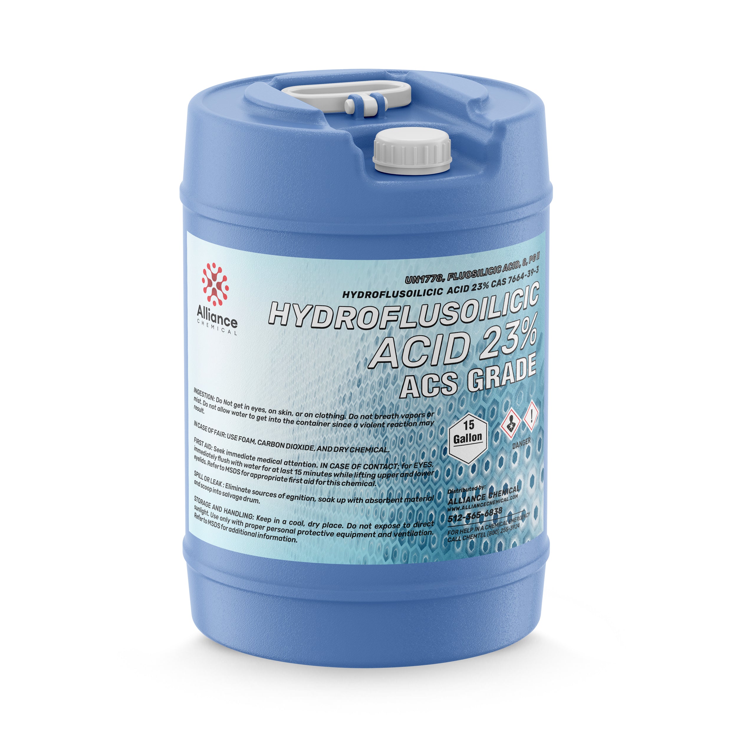 15-gallon blue HDPE carboy of Hydrofluosilicic Acid 23% ACS Grade with hazard warning symbols, Alliance Chemical branding, and safety instructions.